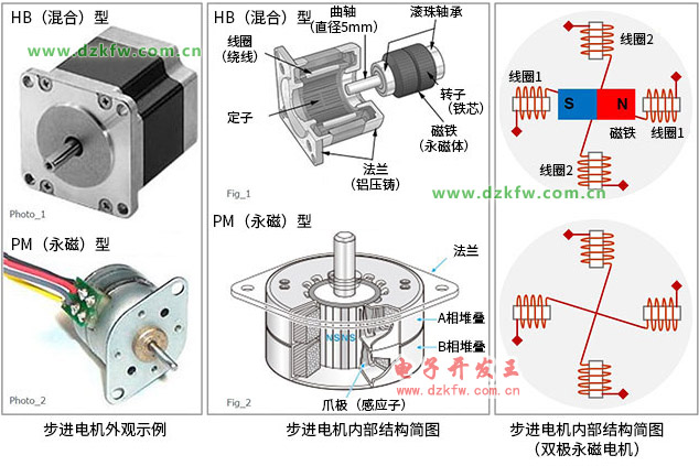 步進電機外觀示例,步進電機內部結構簡圖
